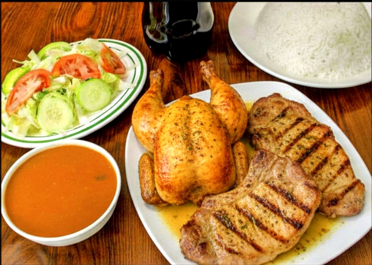 Whole roasted chicken and pork chops family combo with rice, beans, salad and soda